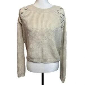 PINK Rose crewneck knit sweater with lace up detail on front upper arm area.